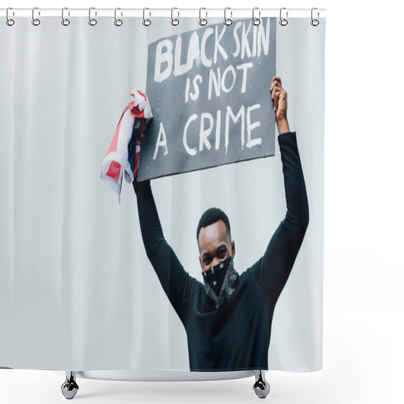 Personality  African American Man Holding Flag Of America And Placard With Black Skin Is Not A Crime Lettering Outside Shower Curtains