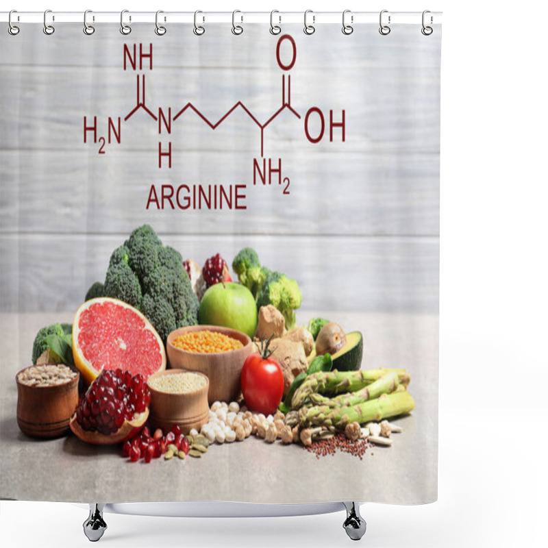 Personality  Fresh Vegetables, Fruits And Seeds On Grey Table. Sources Of Essential Amino Acids Shower Curtains