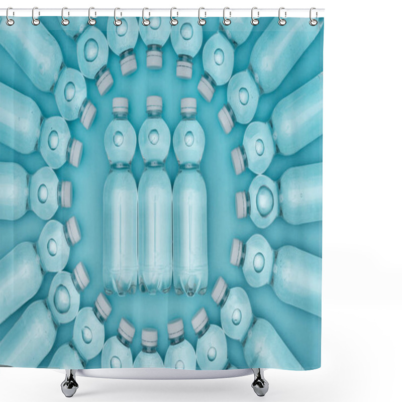 Personality  Top View Of Transparent Plastic Water Bottles Isolated On Turquoise Shower Curtains