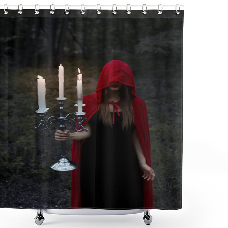 Personality  Magic Woman In Red Cloak And Hood Holding Candelabrum With Candles In Dark Forest Shower Curtains