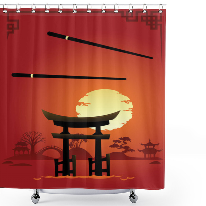 Personality  Template Design Of Asian Menu: Abstract Landscapes With Gate Shower Curtains