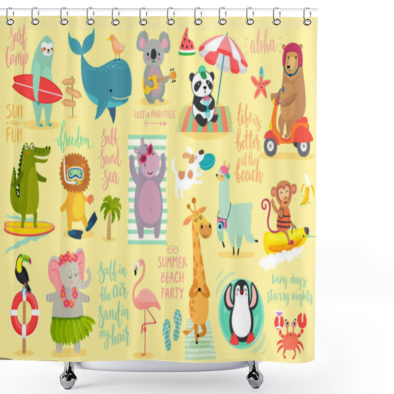 Personality  Beach Animals Hand Drawn Style, Summer Set - Calligraphy And Other Elements. Panda, Elephant, Hippo, Bear, Penguin, Sloth, Koala, Lion, Whale And Others. Vector Illustration. Shower Curtains