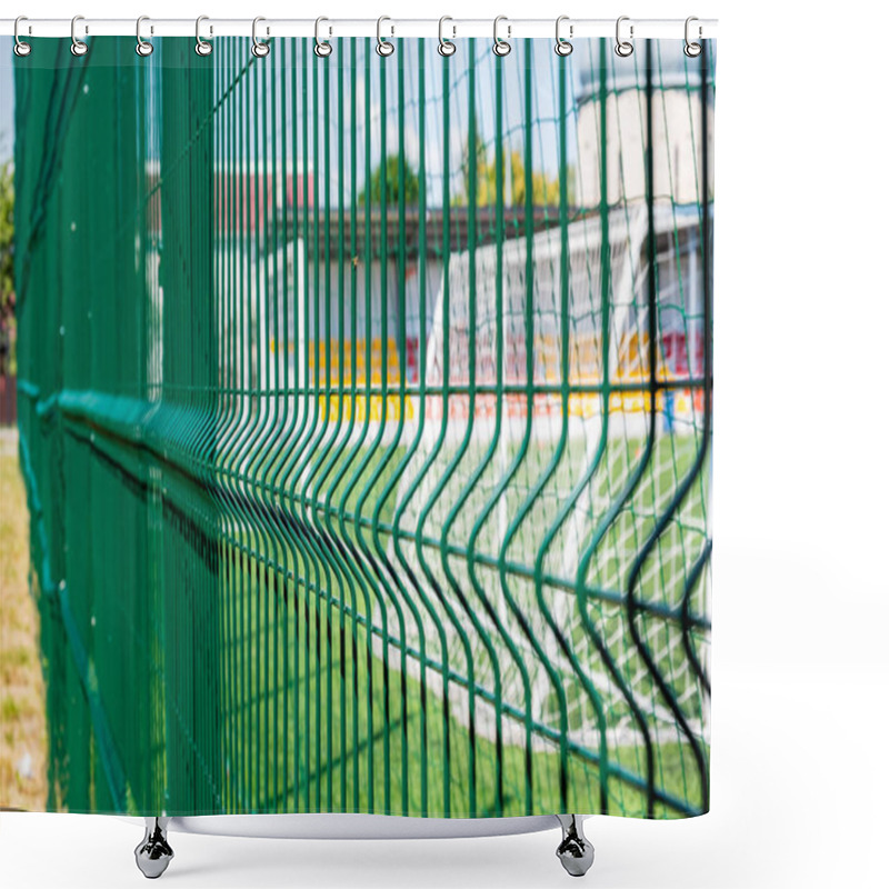 Personality  Green Protective Grid Close-up. The Pattern Of A Protective Grid For A Sports Ground. Sports Background. Shower Curtains