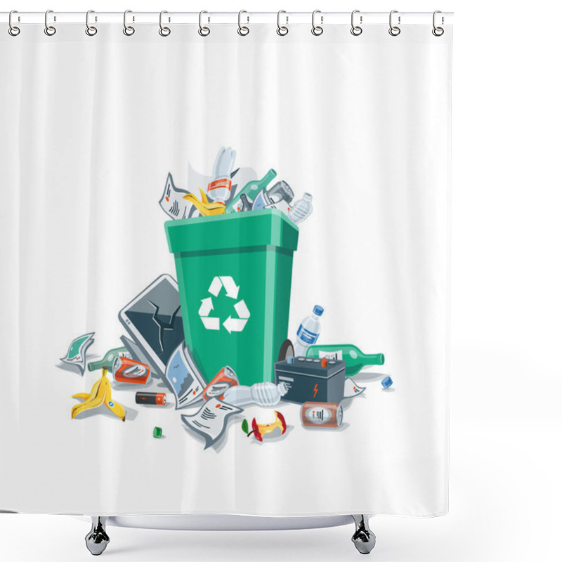 Personality  Littering Garbage Around The Trash Bin Isolated On White Background Shower Curtains