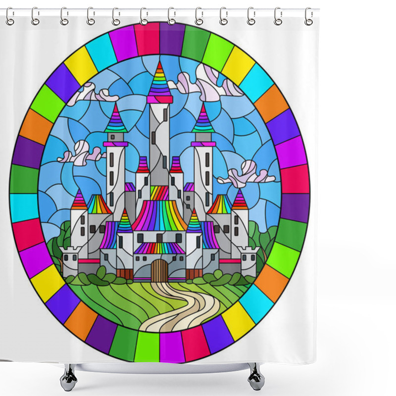 Personality  Illustration In Stained Glass Style Landscape With Old Castle On The Background Of Cloudy Sky And Meadows, Oval Image In Bright Frame Shower Curtains