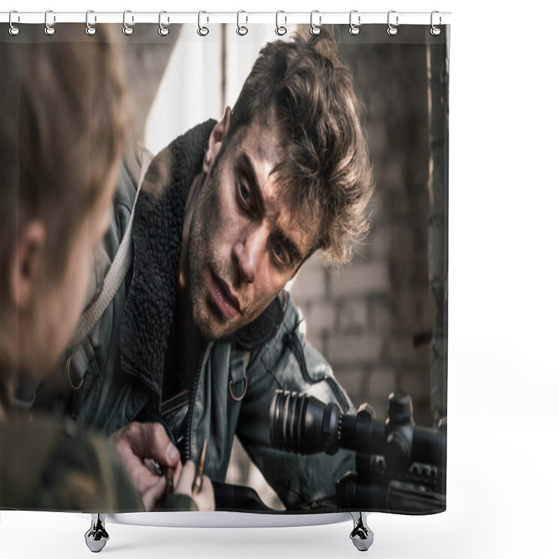 Personality  Selective Focus Of Handsome Man With Gun Looking At Kid With Bullet, Post Apocalyptic Concept Shower Curtains