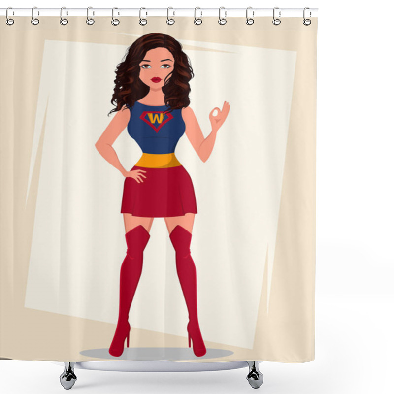 Personality  Superhero Woman In Costume Showing OK Gesture. She Can Do Everything. Beautiful Girl, Cartoon Character. Vector Illustration Shower Curtains