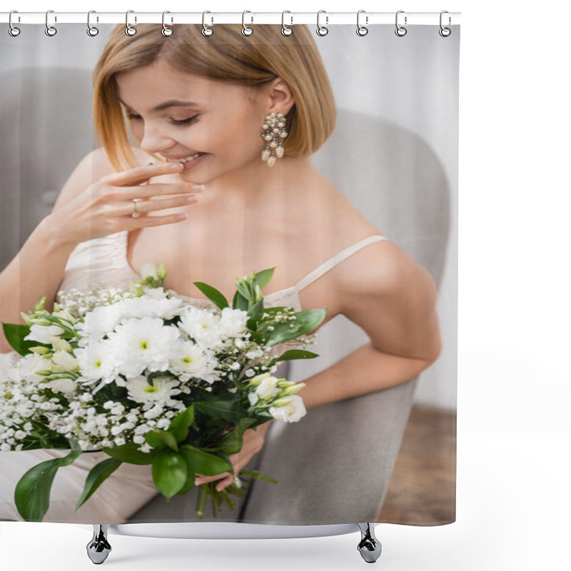 Personality  Special Occasion, Gorgeous Blonde Bride In Wedding Dress Sitting In Armchair And Holding Bouquet On Grey Background, Engagement Ring, White Flowers, Bridal Accessories, Happiness, Feminine  Shower Curtains