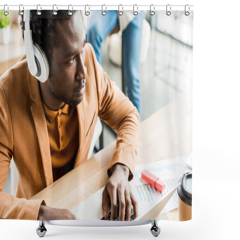 Personality  Thoughtful African American Businessman In Headphones Using Laptop In Office Shower Curtains