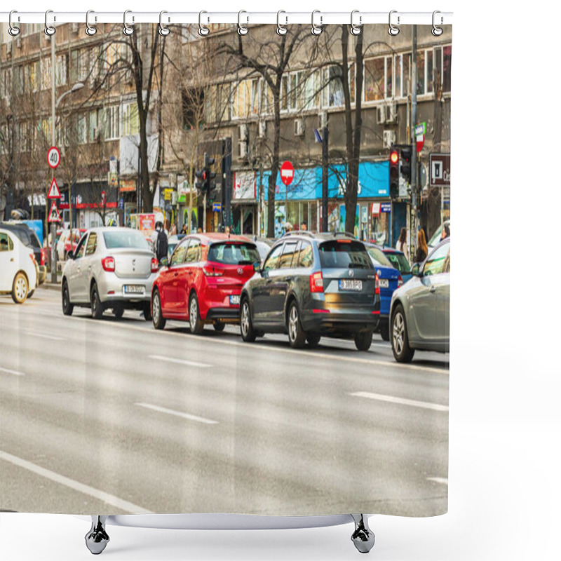 Personality  Car Traffic At Rush Hour In Downtown Area Of The City. Car Pollution, Traffic Jam In The Morning And Evening In The Capital City Of Bucharest, Romania, 2020 Shower Curtains