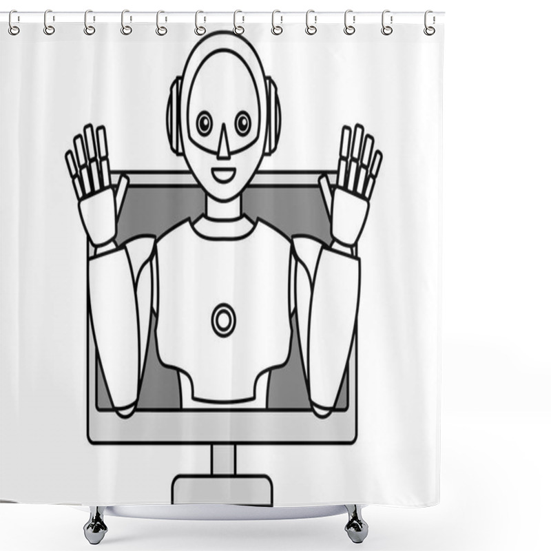 Personality  Illustration Of A Simple Android Robot Popping Out Of A PC (monochrome) Shower Curtains