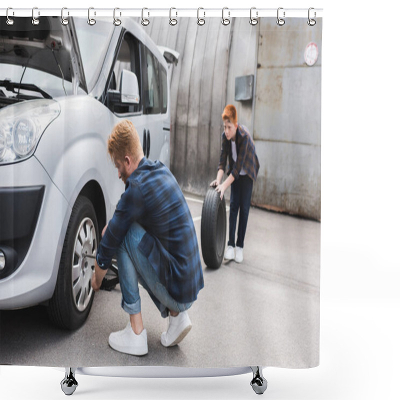 Personality  Father Changing Tire In Car With Wheel Wrench, Son Holding Tire Shower Curtains