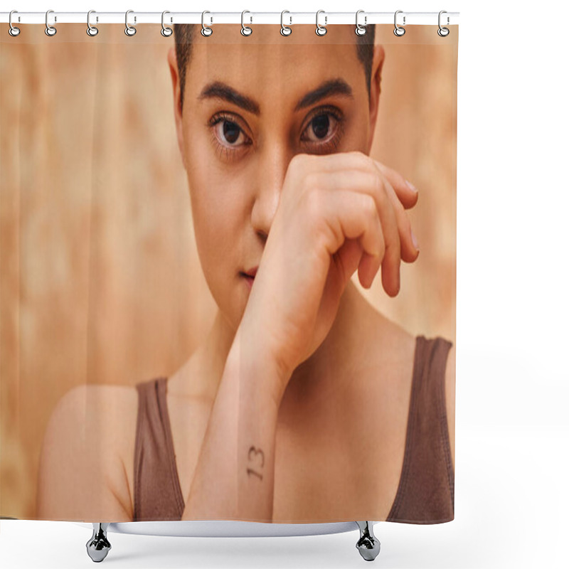 Personality  Natural Look, Self-acceptance, Tattooed Young Woman With Short Hair Posing On Mottled Beige Background, Hand Near Face, Individuality, Modern Generation Z, Beauty, Looking At Camera  Shower Curtains