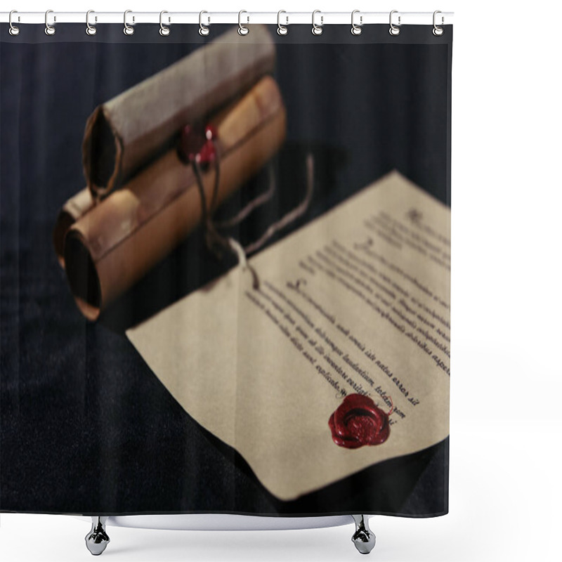 Personality  Old Manuscript Stamped With Wax Seal Near Rolled Parchments On Black Background Shower Curtains