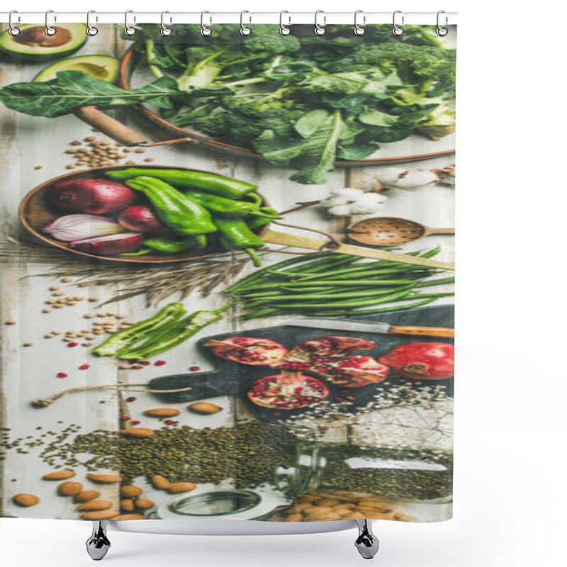 Personality  Winter Vegetarian, Vegan Food Cooking Ingredients. Flat-lay Of Vegetables, Fruits, Beans, Cereals, Kitchen Utencil, Dried Flowers, Olive Oil Over White Wooden Background, Top View. Clean Eating Food Shower Curtains