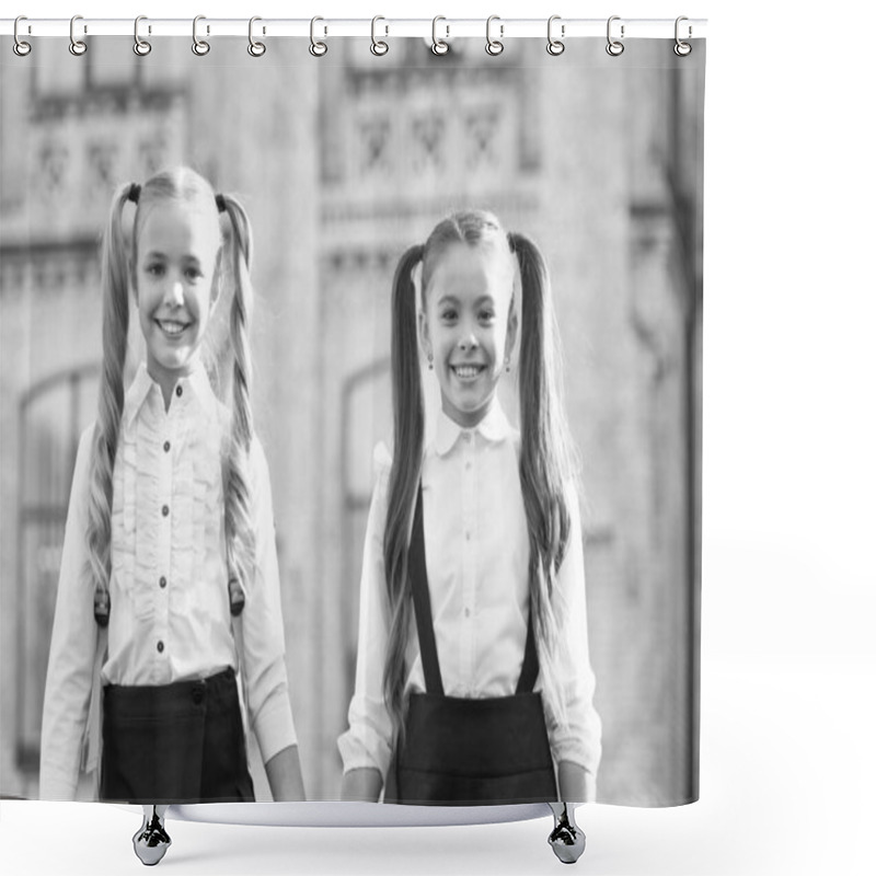 Personality  Ending Of School Year. Lucky To Meet Each Other. Cheerful Smart Schoolgirls. Happy Schoolgirls Outdoors. Small Schoolgirls Wear School Uniform. Cute Schoolgirls With Long Ponytails Looking Charming Shower Curtains