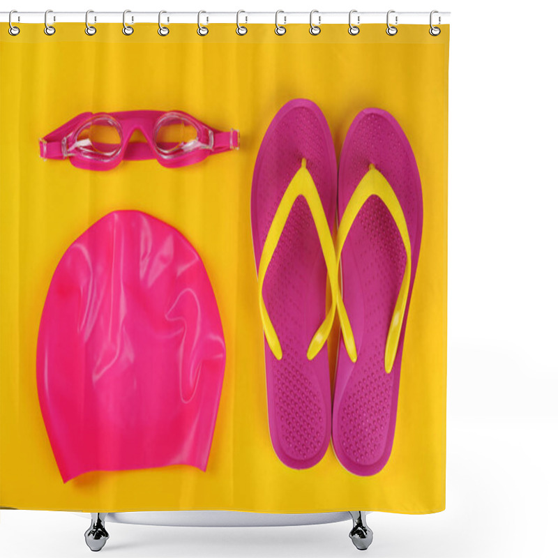 Personality  Flat Lay Composition With Swimming Accessories On Yellow Background Shower Curtains