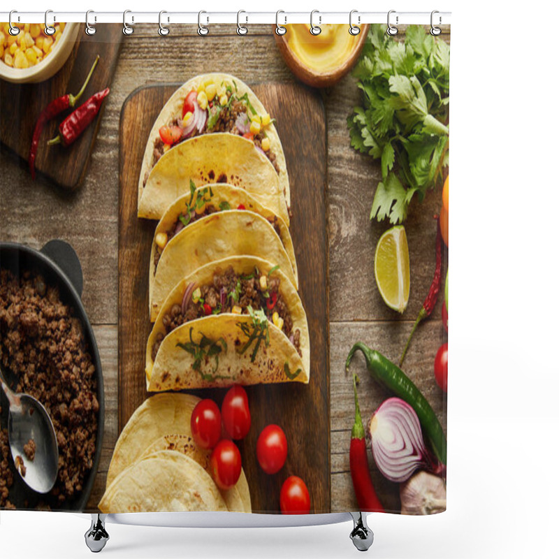 Personality  Top View Of Traditional Mexican Tacos With Organic Ingredients On Wooden Background Shower Curtains