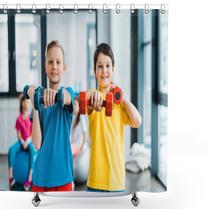 Personality  Excited Boys Doing Exercise With Dumbbells Together Shower Curtains