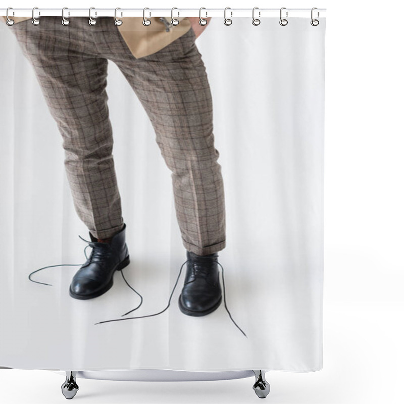 Personality  Partial View Of Male Legs In Fashionable Trousers And Unlaced Black Boots On White  Shower Curtains