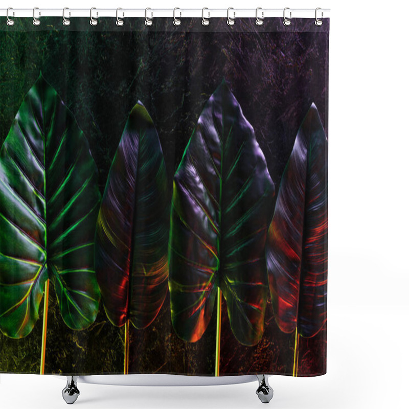 Personality  Elevated View Of Tropical Leaves Placed In Row With Red And Purple Lighting  Shower Curtains