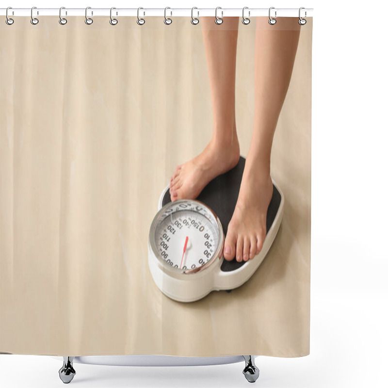 Personality  Woman Standing On Scales Indoors, Space For Text. Overweight Problem Shower Curtains