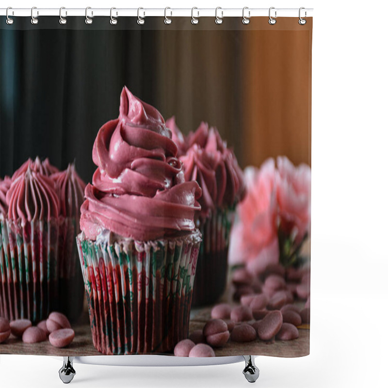 Personality  Closeup Of Three Chocolate Cupcakes With Pink Butter Cream. Next To Ruby Chocolate Callets. Brown And Orange Background. Shower Curtains