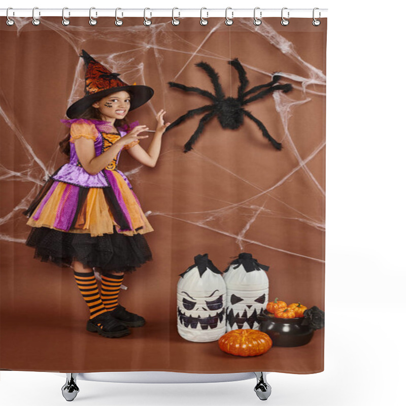 Personality  Spooky Girl In Witch Hat And Halloween Costume Growling Near Fake Spider On Brown Background Shower Curtains