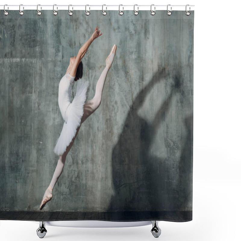 Personality  Jumping Ballerina . Young Beautiful Woman Ballet Dancer, Dressed In Professional Outfit, Pointe Shoes And White Tutu. Shower Curtains