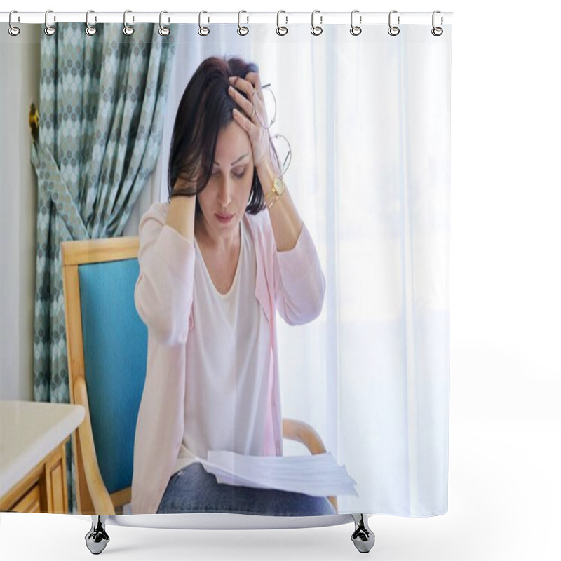 Personality  Stress, Headache, Migraine, Upset Middle-aged Woman Holding Her Head With Hands Shower Curtains