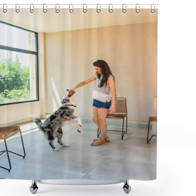 Personality  A Young Woman In Casual Attire Trains And Plays With Her Playful Dog In A Bright, Spacious Room With Large Windows Shower Curtains