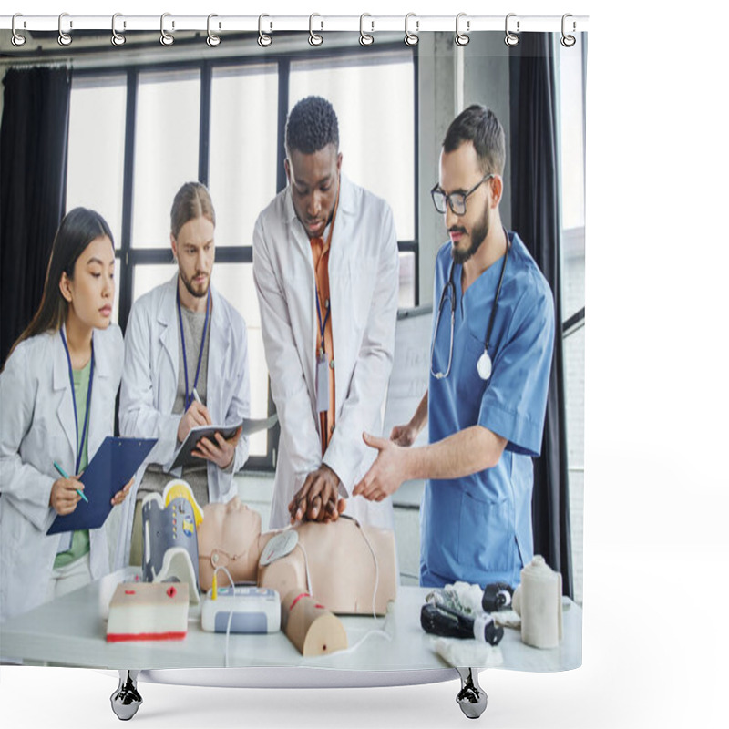 Personality  African American Man In White Coat Practicing Chest Compressions On CPR Manikin Near Paramedic, Medical Equipment And Multiethnic Students In Training Room, Emergency Situations Response Concept Shower Curtains