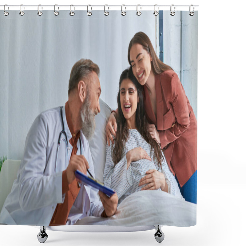 Personality  Cheerful Doctor Looking At Happy Lesbian Couple Hugging And Smiling Sincerely, Ivf Concept Shower Curtains