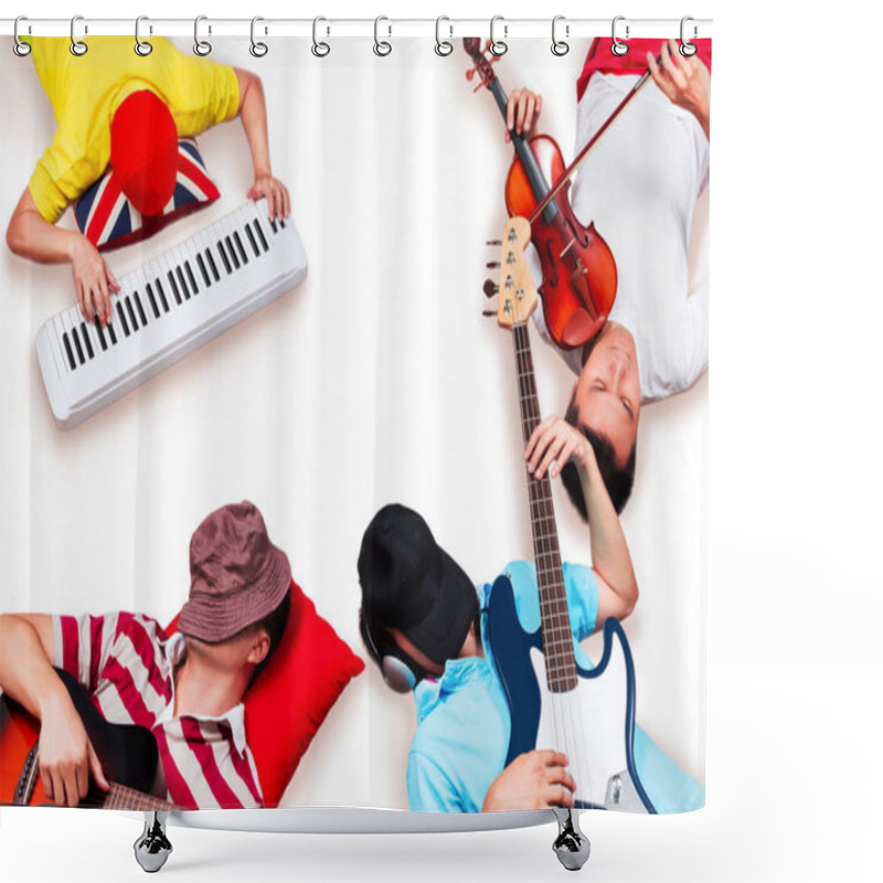 Personality  Asian Pop Band Lying & Playing Songs On White Floor For Music Background Shower Curtains