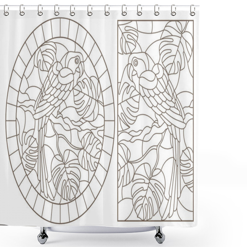 Personality  Set Contour Illustrations With Birds Parrots And Leaves Of Tropical Plants, Dark Contours On White Background Shower Curtains