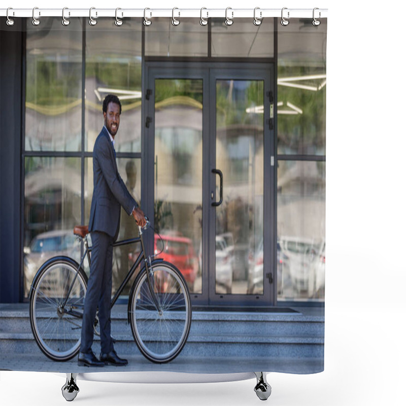 Personality  Cheerful African American Businessman Smiling At Camera While Standing Near Office Building Shower Curtains