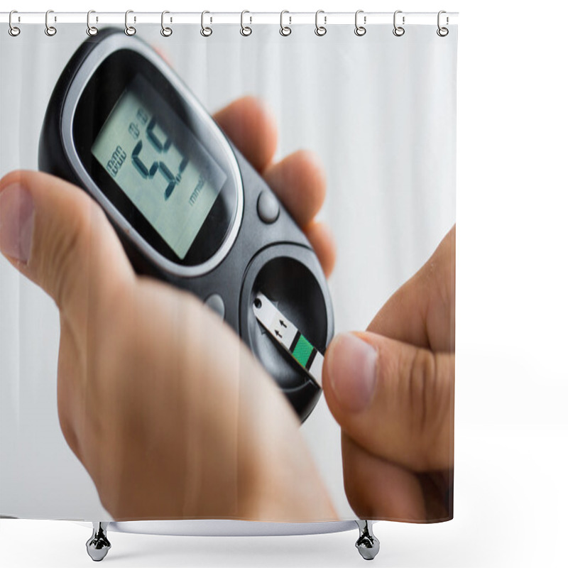 Personality  Close Up Of Man Checking Blood Sugar By Glucometer Shower Curtains