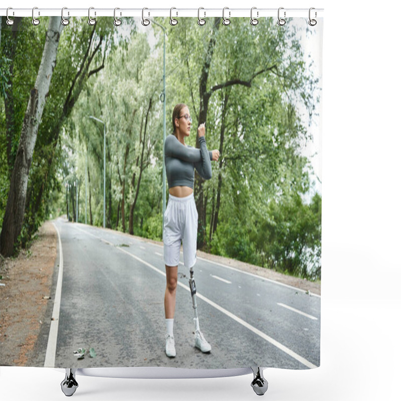 Personality  A Young Woman In Sportswear Actively Exercising Outdoors, Embracing Fitness With Determination. Shower Curtains