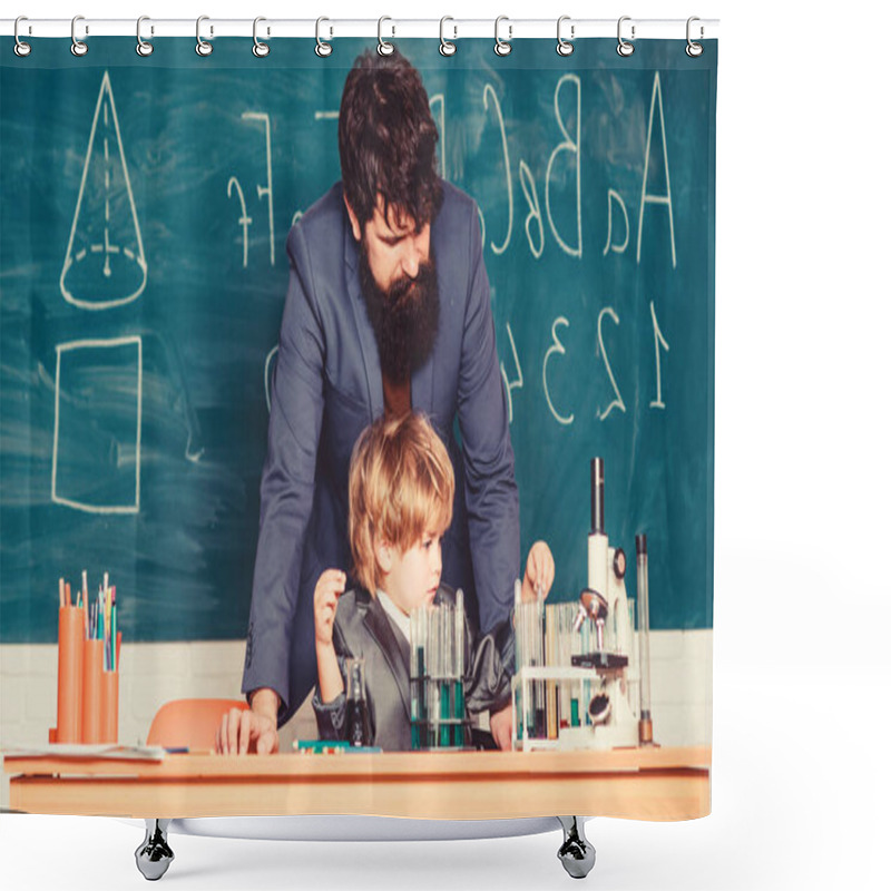 Personality  Small Boy With Teacher Man. Wisdom. Back To School. Son And Father At School. Pharmacy And Chemistry Theme. Solution In Research Laboratory. Genetic Research. Hand In Hand We Learn Shower Curtains