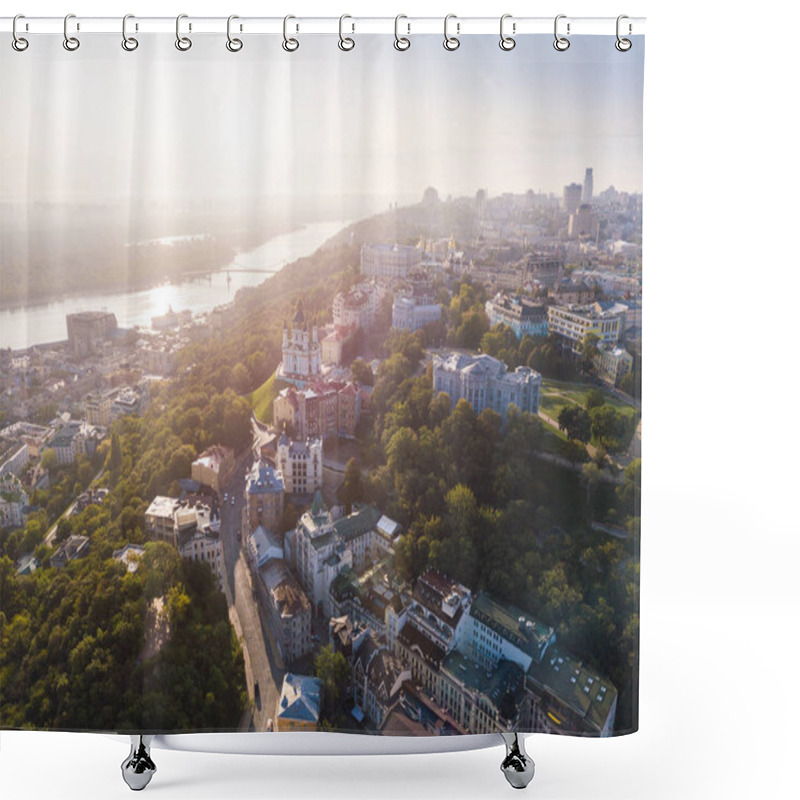 Personality  Andrews Descent Old Street. Panaramic Aerial Drone Sunrise View. Historical Center. Lovely Kiev Ukraine. Sunrise Soft Backlight Shower Curtains