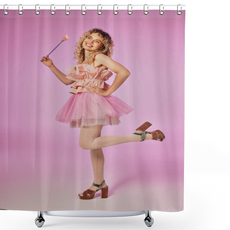 Personality  Cheerful Blonde Woman With Curly Hair In Tooth Fairy Costume Standing On One Leg On Pink Backdrop Shower Curtains