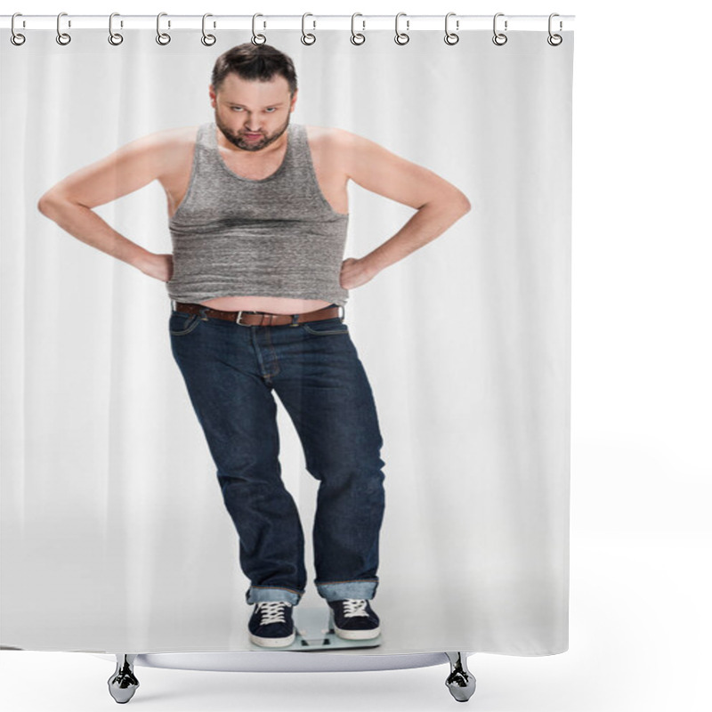 Personality  Angry Overweight Man With Hands Akimbo Standing On Electronic Weight Scales And Looking At Camera Isolated On White Shower Curtains