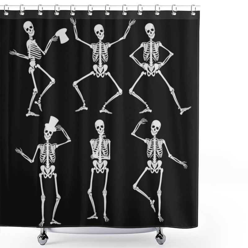 Personality  Homan Skeletons Silhouettes In Different Poses Isolated On Black Vector Illustration. Shower Curtains