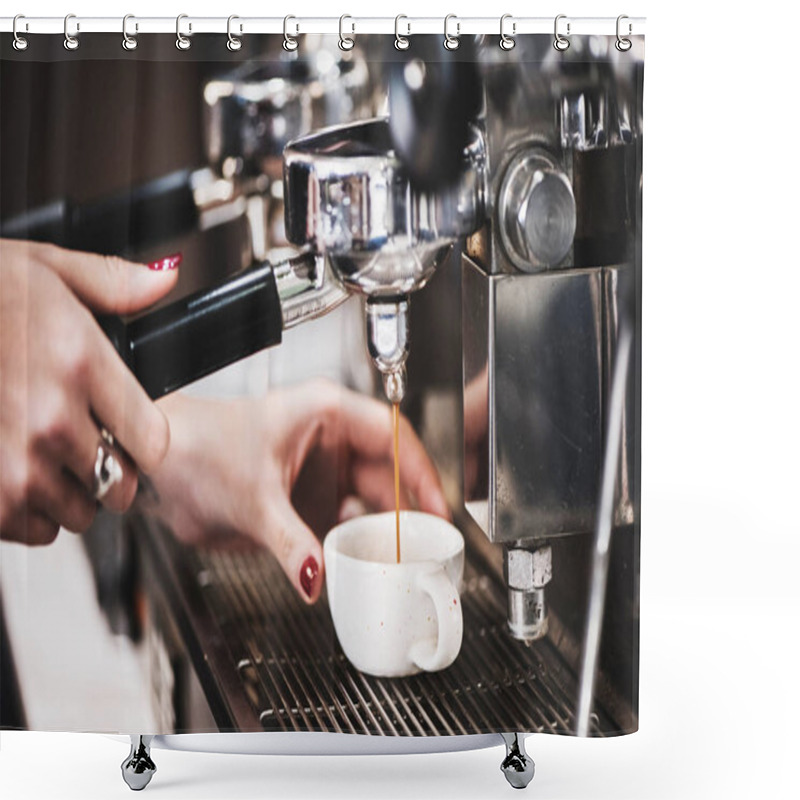 Personality  Closeup View Of Barista In Cafe Making Coffee. Shower Curtains