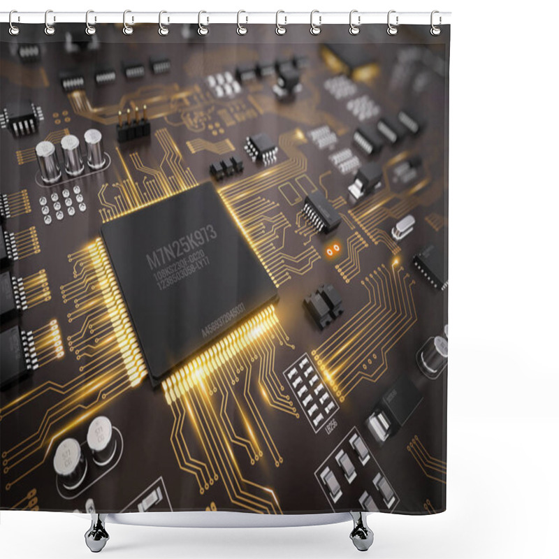 Personality  High Tech Electronic PCB (Printed Circuit Board) With Processor, Microchips And Glowing Digital Electronic Signals. 3d Illustration Shower Curtains