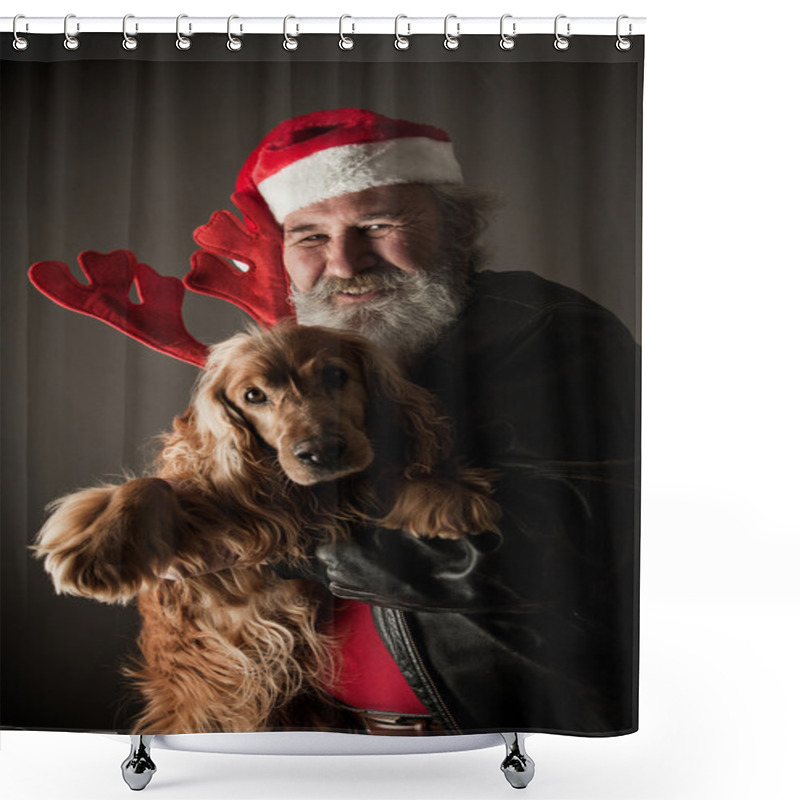 Personality  Santa Claus  With His Dog  As Rudolph Shower Curtains