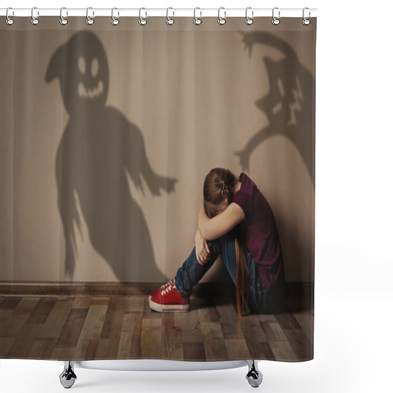 Personality  Scared Little Girl Suffering From Sciophobia And Phantoms Behind Her. Irrational Fear Of Shadows Shower Curtains