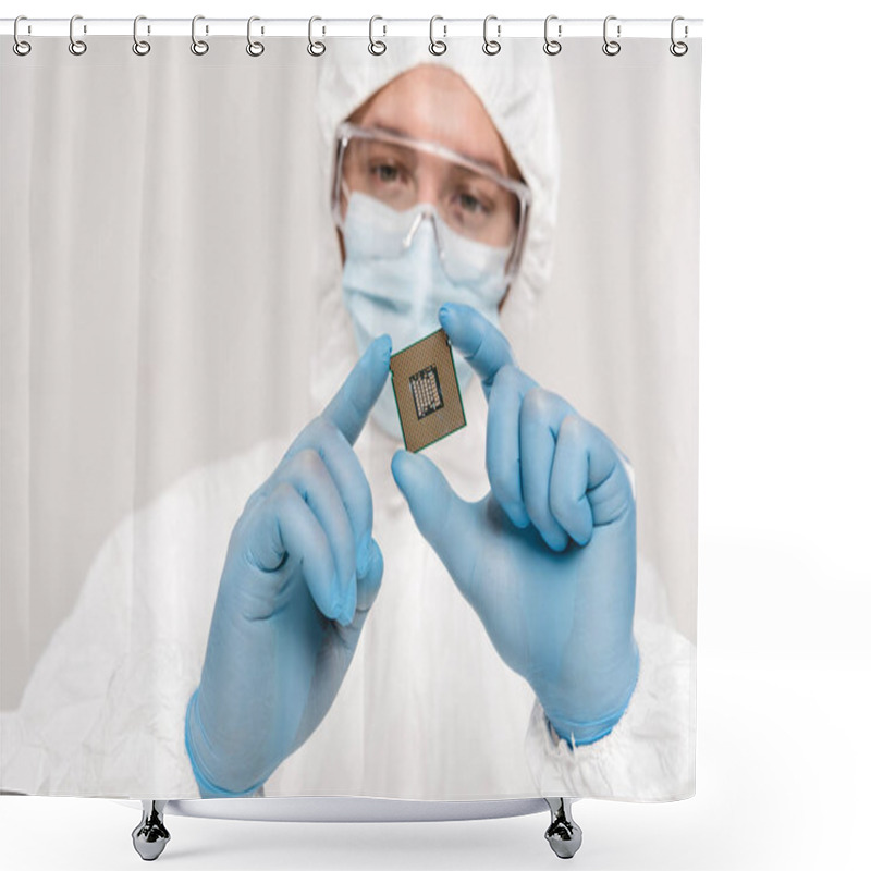 Personality  Selective Focus Of Microchip In Hands Of Scientist Wearing Latex Gloves And Googles Isolated On Grey Shower Curtains