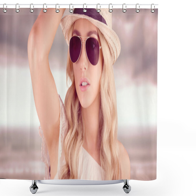 Personality  Hipster Posing With Straw Hat Shower Curtains