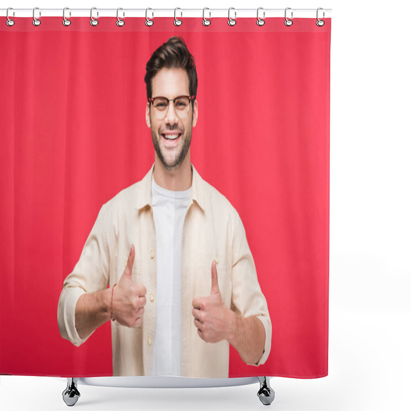 Personality  Happy Handsome Man Showing Thumbs Up Isolated On Pink Shower Curtains